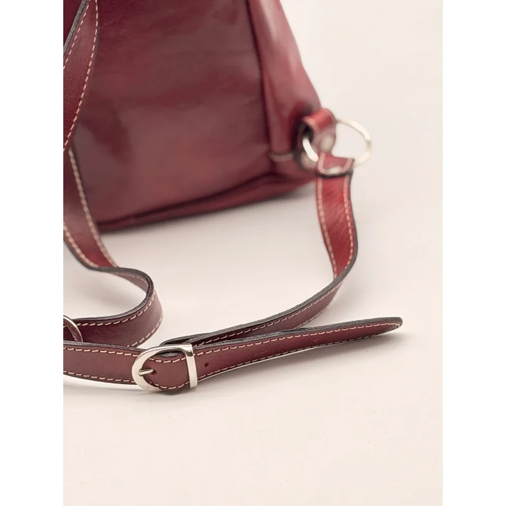 Vintage Red Leather Rucksack Backpack Contrast Stitch Buckle Drawstring Medium